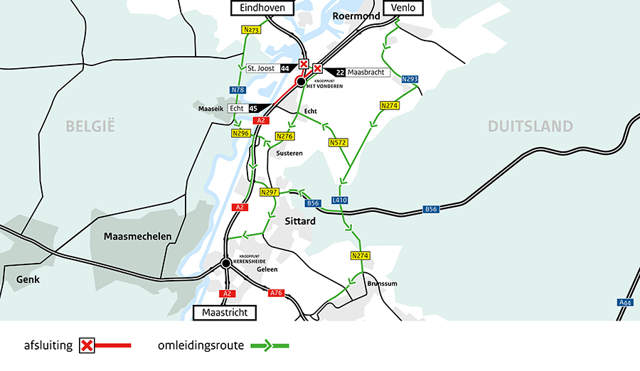 A2: weekendafsluiting St. Joost – Echt en A73 Maasbracht -Het Vonderen richting Maastricht 28 – 30 november