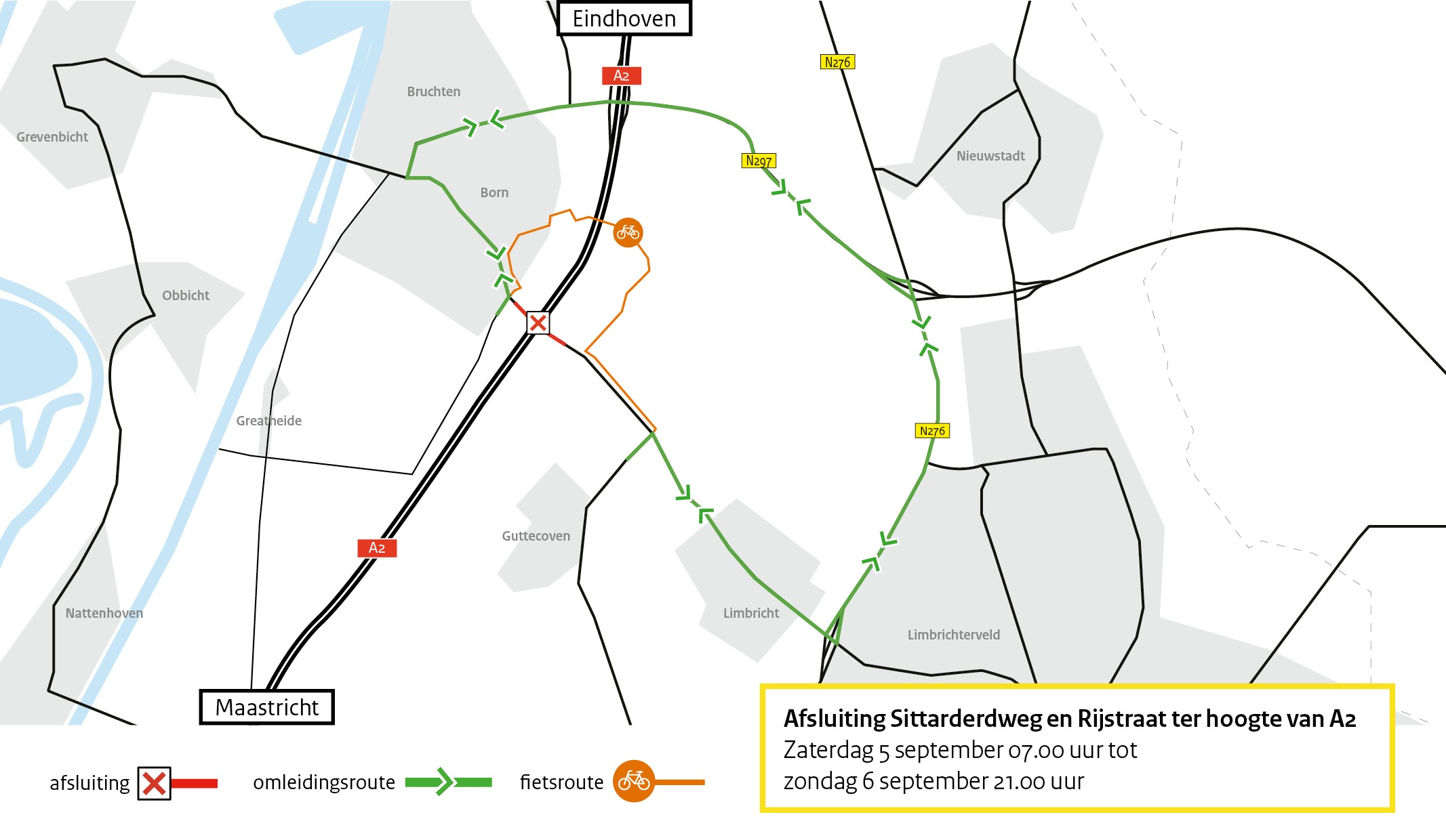 Weekendafsluiting Sittarderweg ter hoogte van viaduct Grasbroek in Born.